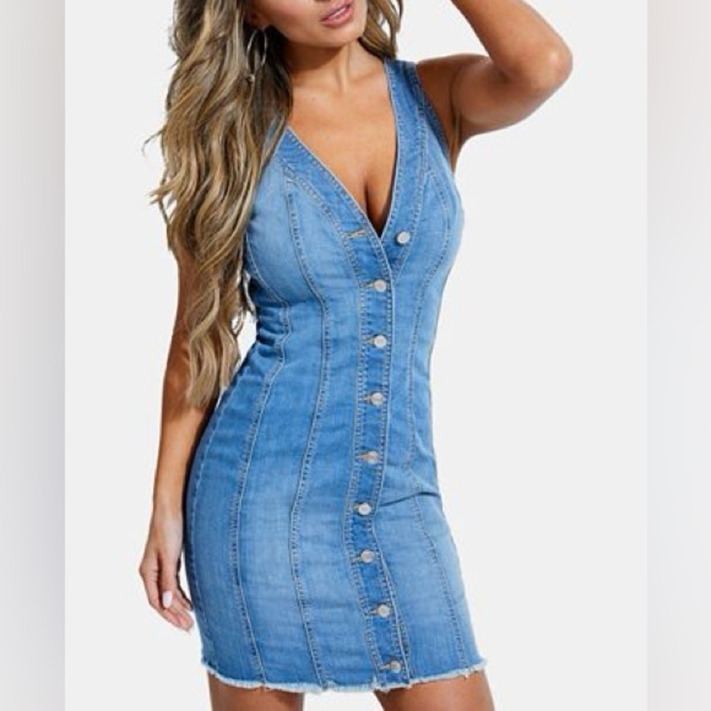 Guess Blue Denim V-Neck Dress